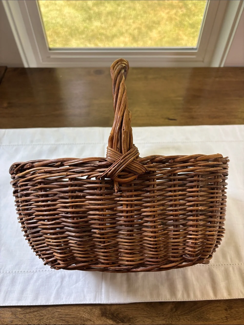 Vintage Gathering Basket With Twisted Handle Hand Woven Wicker Garden Harvest